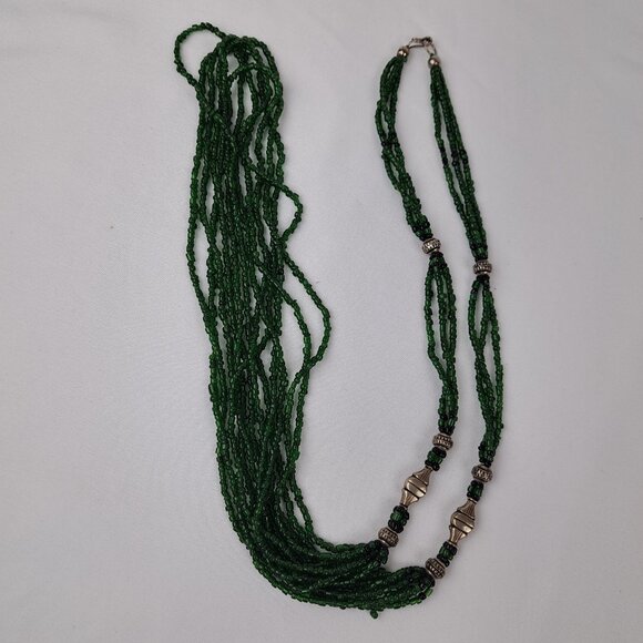 Long Multi Strand Green Glass Seed Bead Necklace w/ Silver Tone Beads - Picture 3 of 16